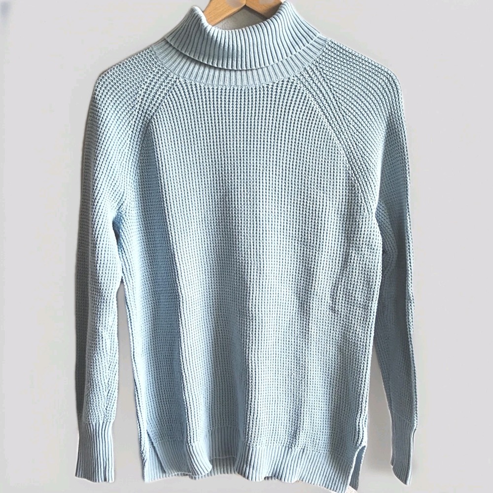 J.Crew Women's Mock Neck Sweater Small‎ Blue Waffle Knit Long Sleeve Layering